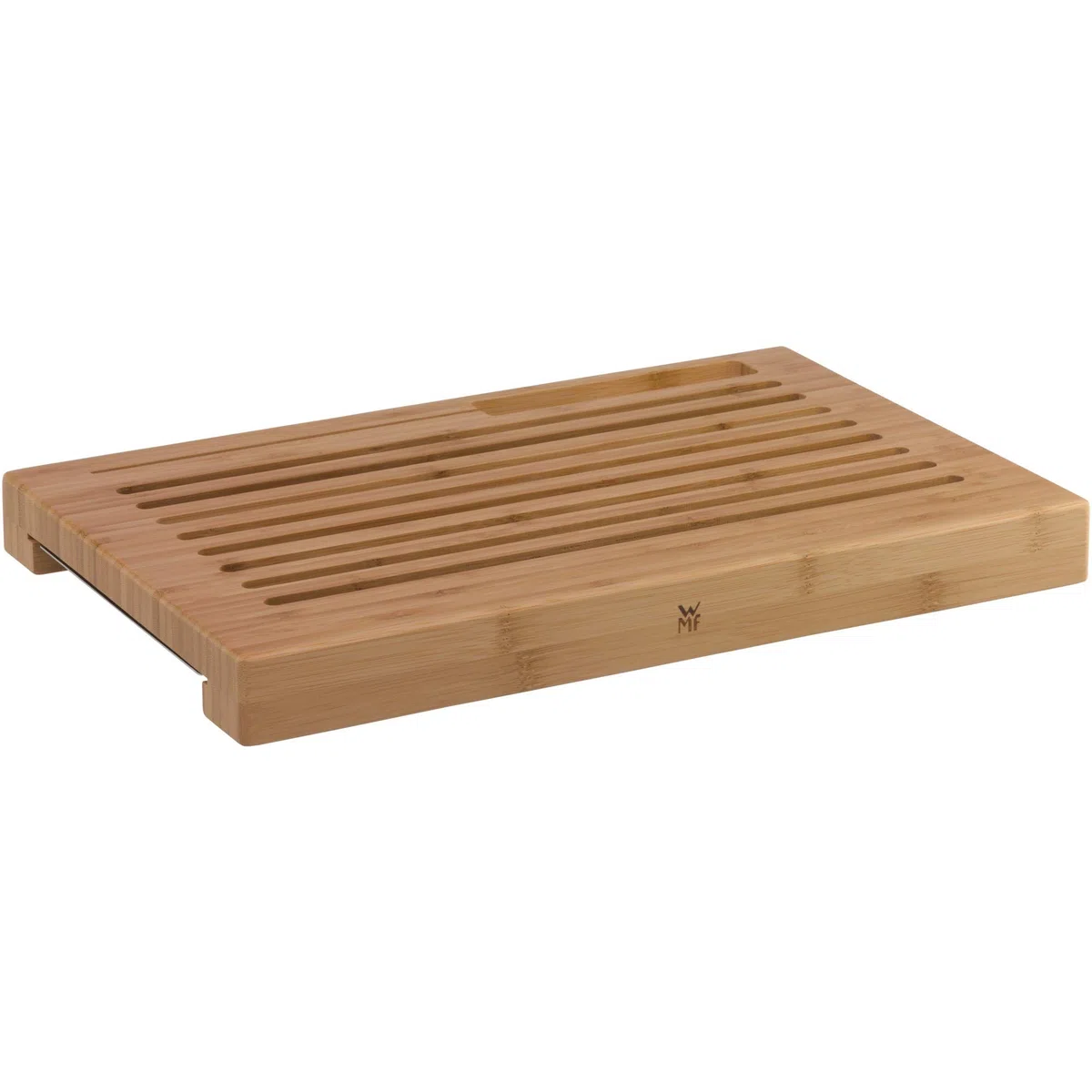 WMF Tabla para cortar pan con recogemigas, tabla de cortar con bandeja colectora 44 x 27 x 4,8 cm, tabla de cortar de madera con bandeja para migas, bambú, forma de rejilla, suave con las cuchillas