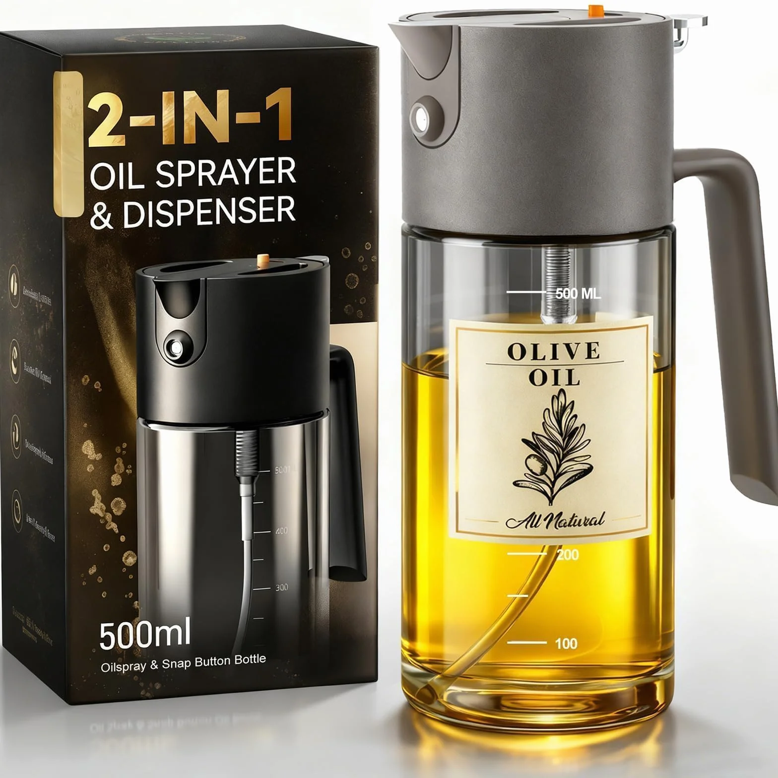 Costop Pulverizador profesional de aceite de vidrio de 500 ml, herramienta de cocina 3 en 1: niebla fina, flujo y vertido, diseño a prueba de fugas para freidora de aire, barbacoa y cocina, sin BPA