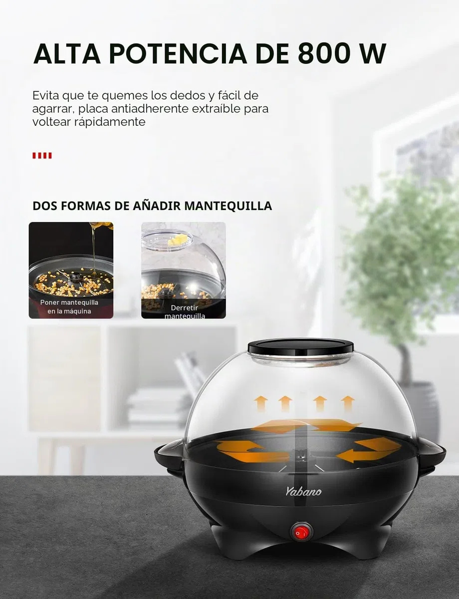 Yabano Máquina de Palomitas, 800W, Superficie de Calentamiento Extraíble, Antiadherente, 5 Litros, Tapa Grande para Servir y Almacenamiento Cómodo,sin BPA, Negro