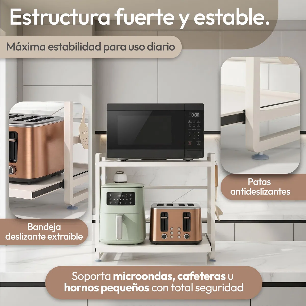 Soporte Ajustable para Microondas Blanco con Bandeja Extraíble, Estante Extensible Antideslizante con Ventosas, Organizador de Cocina Firme, Alta Resistencia y Gran Capacidad de Carga