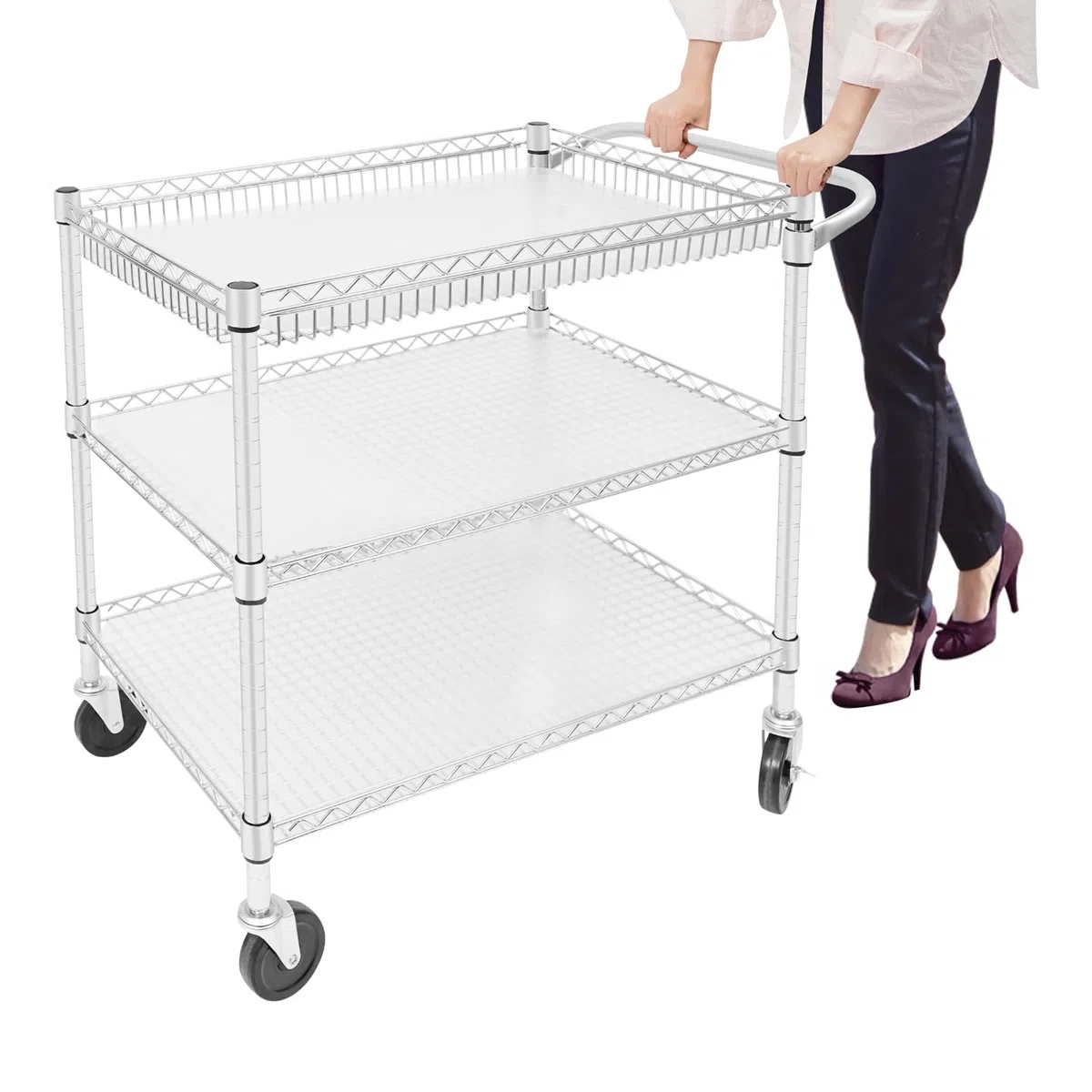 Carro de servicio con ruedas, 76 x 46 x 82,6 cm, 3 estantes, carro de transporte, capacidad de carga de 450 kg, para restaurantes, cocinas u hoteles