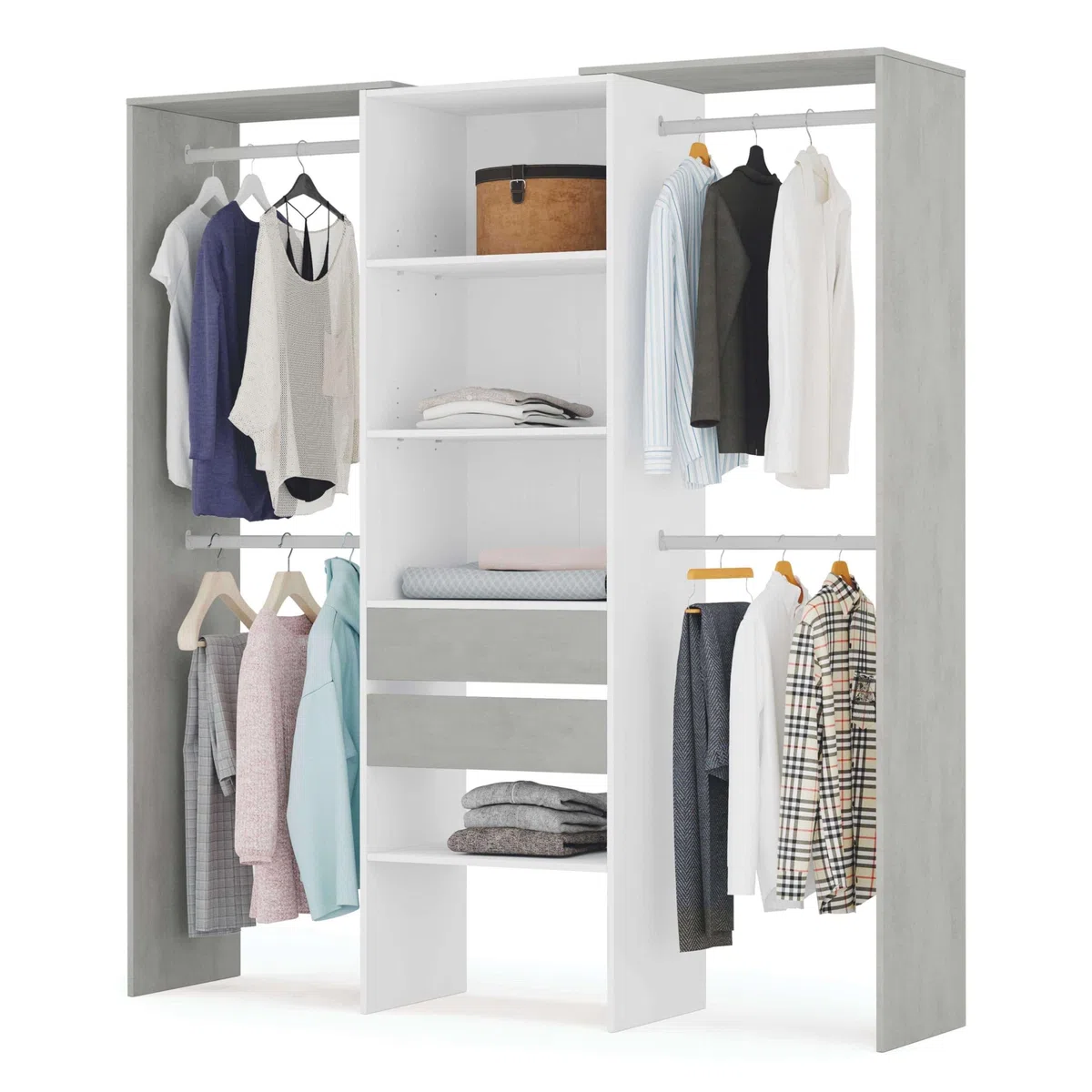 Habitdesign Armario Vestidor con 2 Cajones, Vestidor con Barras y Baldas, Acabado en Blanco Artik y Gris Cemento, Medidas: 179 cm (Ancho) x 202 cm (Alto) x 50 cm (Fondo)