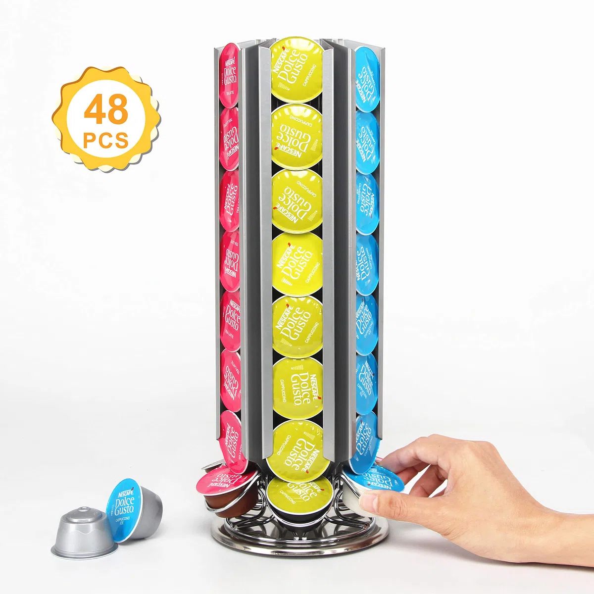 FlagShip Soporte para cápsulas de café Dolce Gusto, organizador de cápsulas de carrusel de metal, 48 cápsulas, color plateado