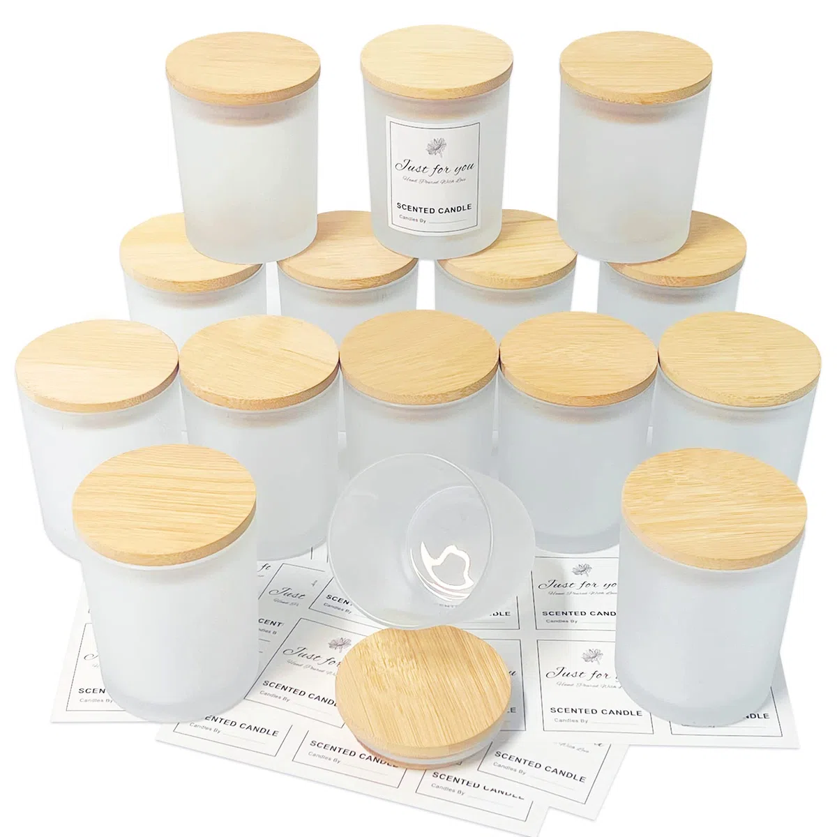 CONNOO Milch - Tarros de cristal para velas (200 ml, 15 unidades) | Tapas de bambú herméticas, etiquetas de advertencia para hacer velas, para hacer velas
