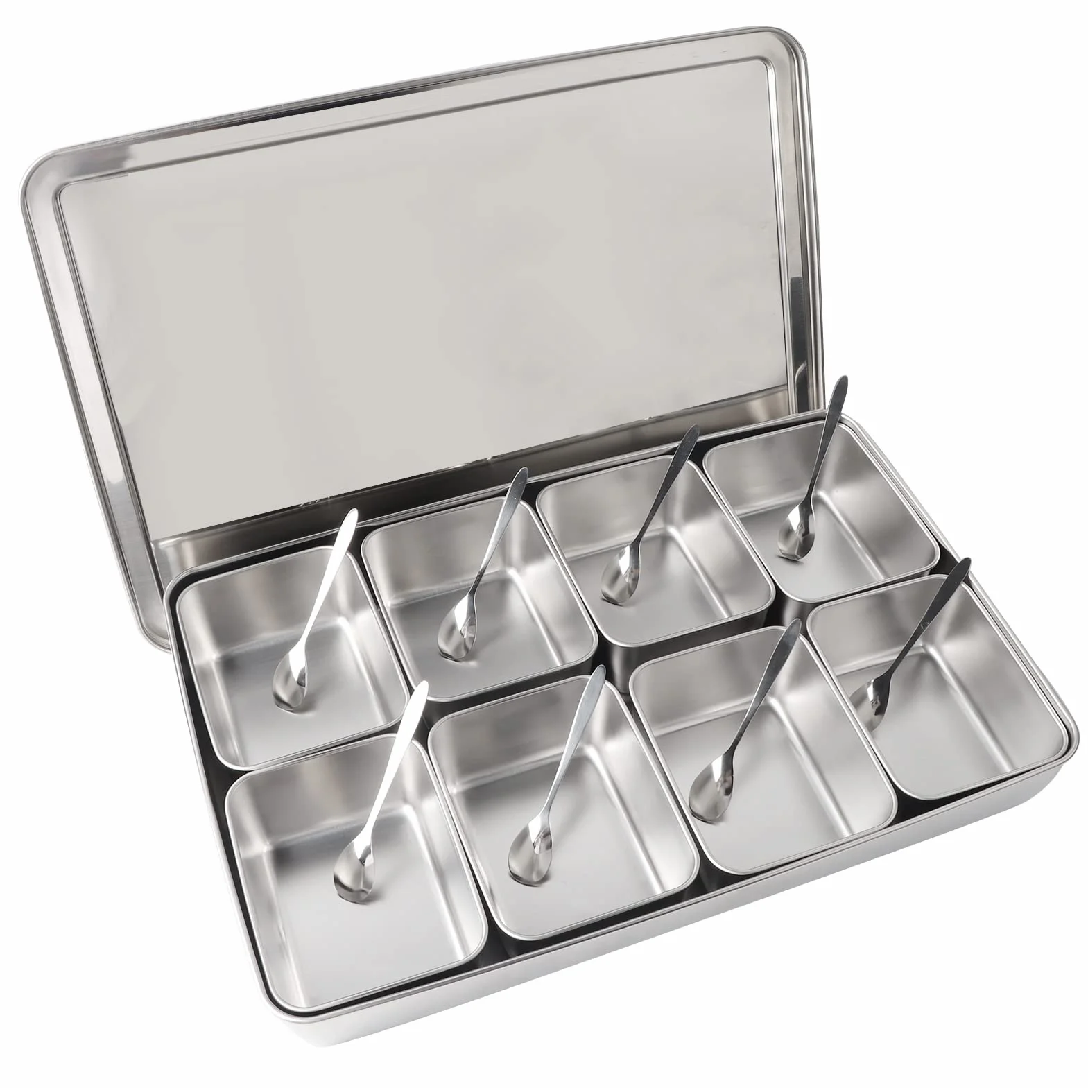 KIMISS Juego de Caja de Condimentos, 8 Rejillas de Acero inoxidable para Almacenamiento de Condimentos, Estante Circular Seccional para Especias con Tapas, para Condimentos,