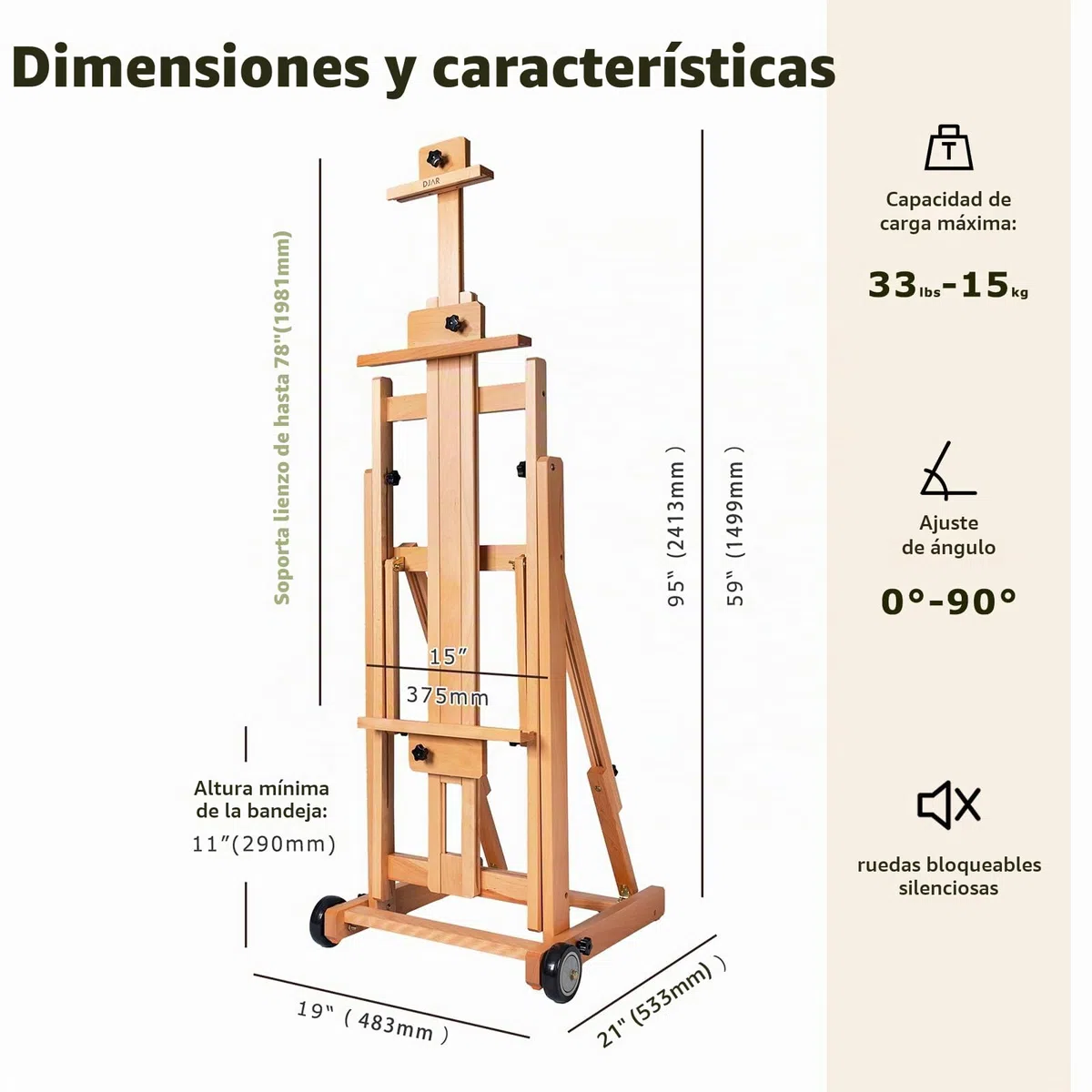DJAR Caballete de Estudio Grande en H, Caballete de Suelo Ajustable de Madera de Haya Maciza, Inclinable Plano, Soporta 1 o 2 Lienzos hasta 198 cm