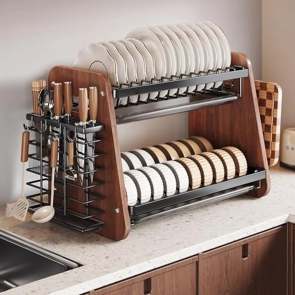 Escurridor de platos de madera de 2 niveles con accesorios de acero inoxidable, escurridor de platos de encimera con soporte extraíble para cubiertos para fregadero de cocina