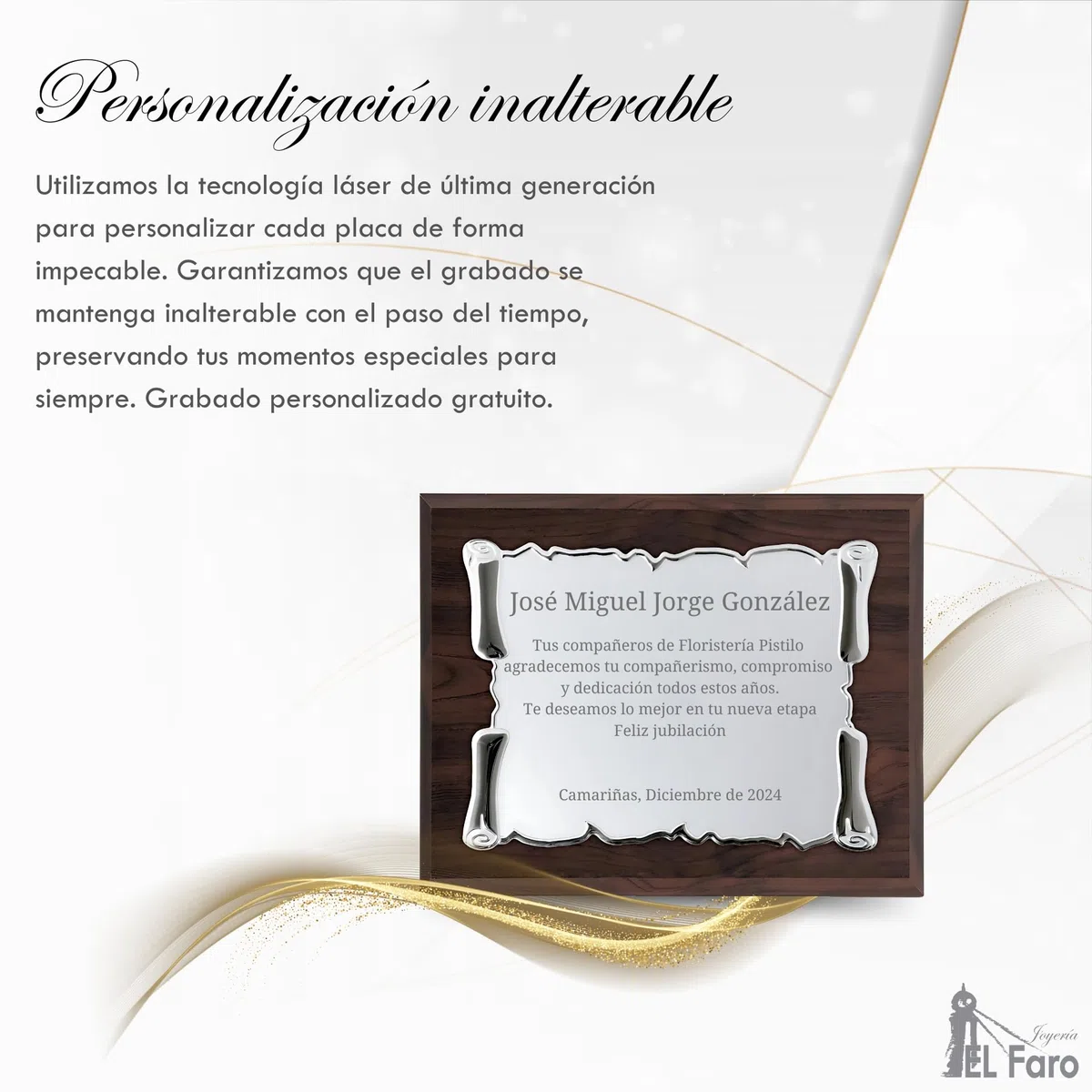 JOYERÍA EL FARO | Placa conmemorativa personalizada con grabado y estuche premium | Ideal para aniversarios, jubilaciones, dedicatorias u homenajes