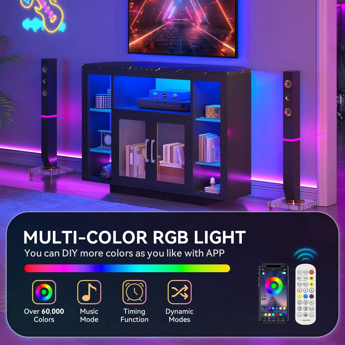 YITAHOME 100CM Mueble de TV esquinero con iluminación led RGB, Unidad de TV de Esquina para TV de hasta 55 Pulgadas con 7 estantes Abiertos del Centro de Entretenimiento de Juegos Estante de TV