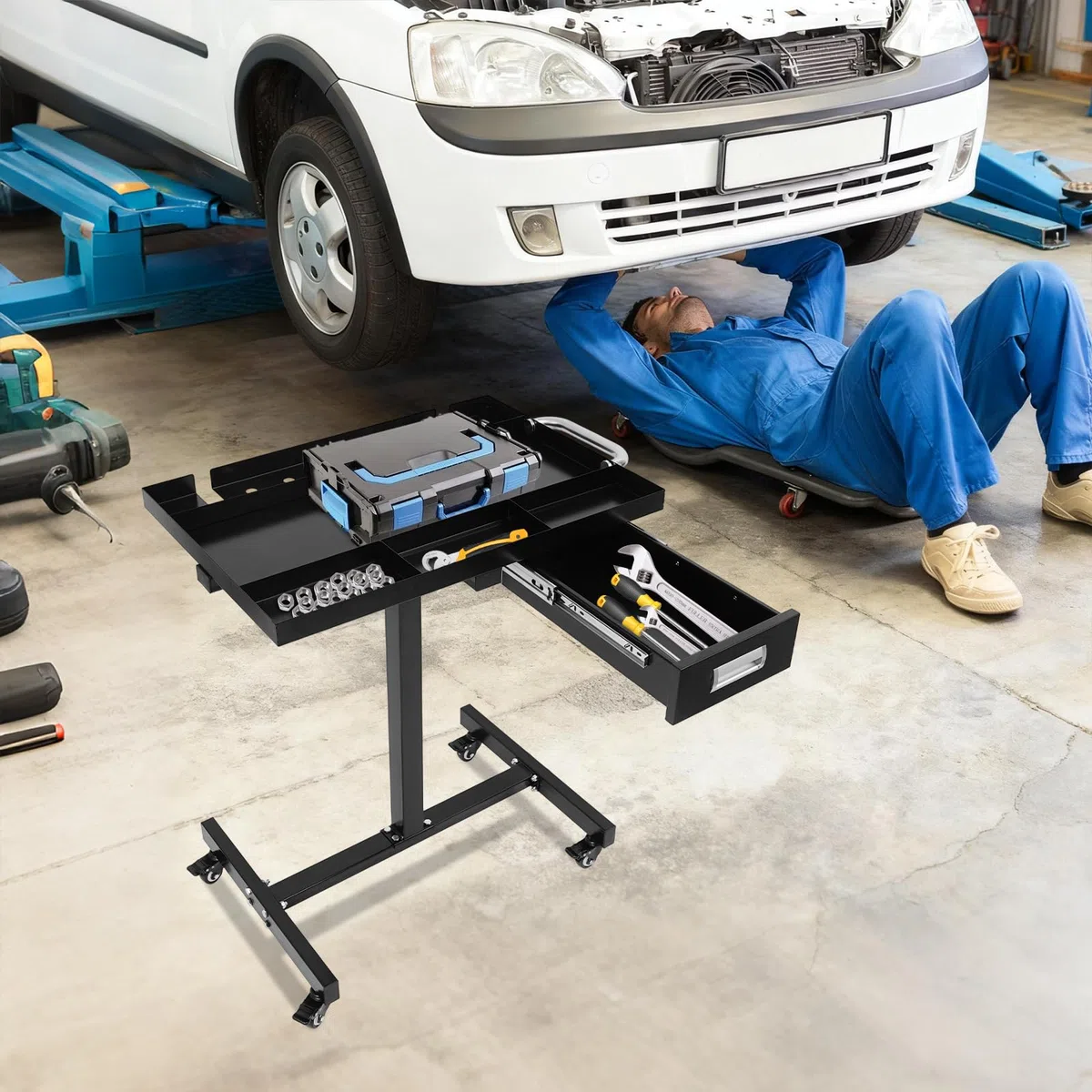 Carro de herramientas con cajón | Mesa de trabajo móvil para garaje y taller | Construcción de acero, 4 ruedas de freno, capacidad de carga de 100 kg y bandeja organizativa (negro)