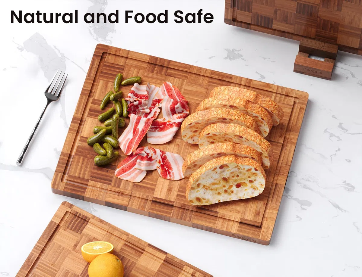 Fibogollo Juego de 3 tablas de cortar de bambú, versión mejorada de lujo, tabla de cortar para cocina, tablas de cortar de madera con ranura para jugo, juego de tabla de servir con soporte para carne,