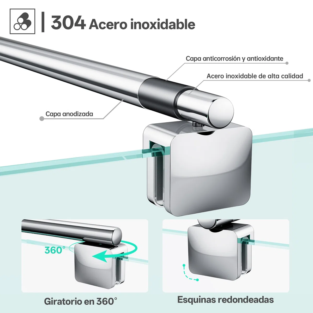 Barra de soporte telescópica de pared para mampara de ducha, ajustable de 68,5 a 127,8 cm (desde la pared hasta el borde interior del vidrio), para vidrio de 6-10 mm, cromo | Fabricado con acero inoxidable 304, adecuado para vidrio de 6-10 mm y permite un