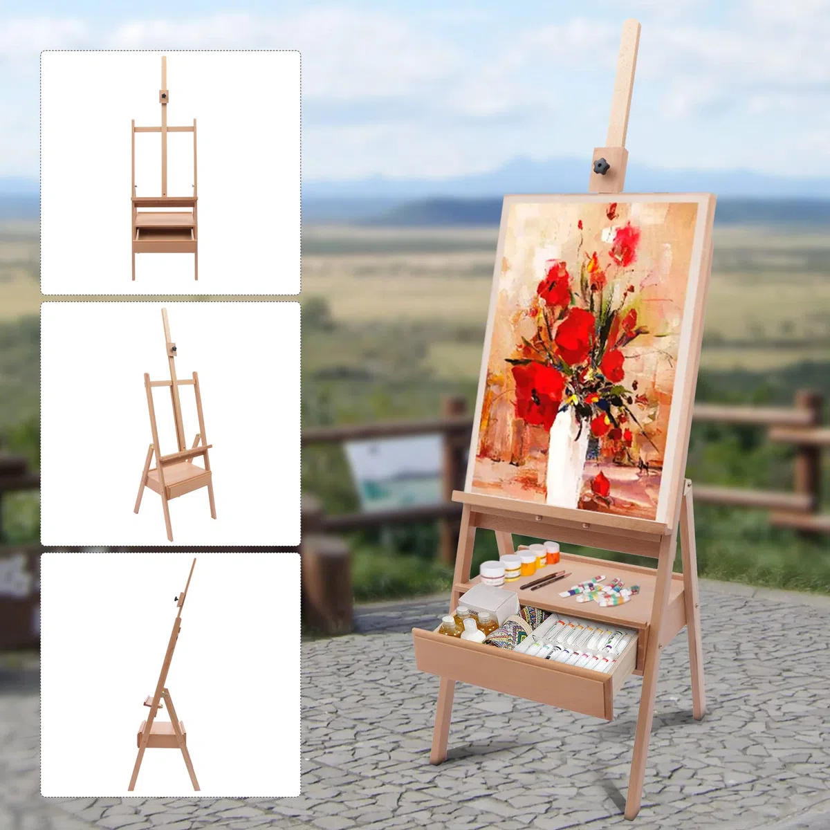 Caballete plegable de madera grande, caballete francés con caja de pintura, caballete de estudio grande para lienzos de hasta 90 cm de altura, caballete con marco en H para artistas, niños