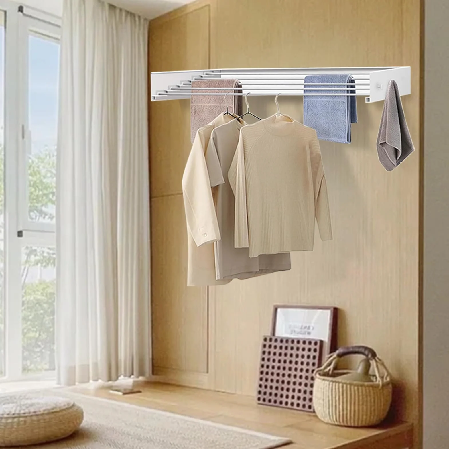 Tendedero de pared con montaje en la pared, con ganchos mejorados, tendedero de pared simple, plegable, tendedero de pared para interior o exterior, tendedero de pared extensible para el