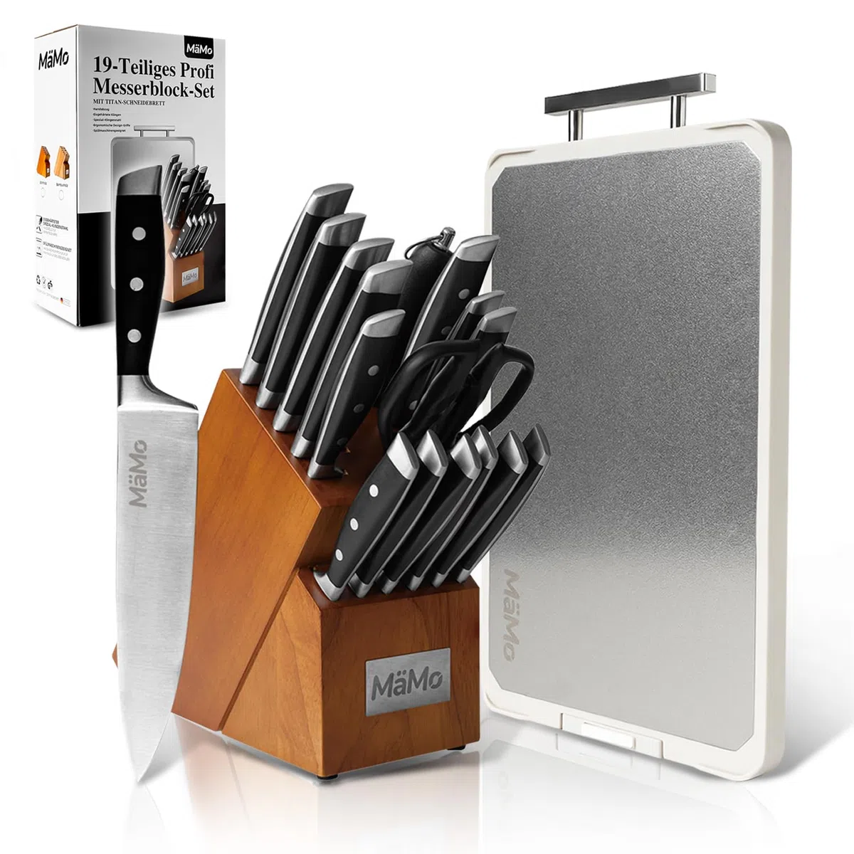 Juego de 19 cuchillos con bloque de cuchillos y tabla de cortar de titanio, juego profesional de cuchillos de cocina de acero inoxidable con cuchillo de chef, cuchillo Santoku, 6 cuchillos de carne