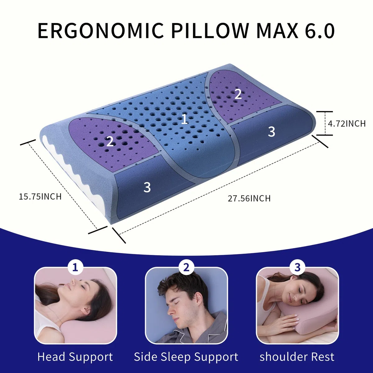 Almohada Cervical Viscoelástica, Almohada Cervical para Personas Que Duermen de Lado o Boca Arriba, Almohada Ergonómica Reduce Dolores Cervicales-Azul