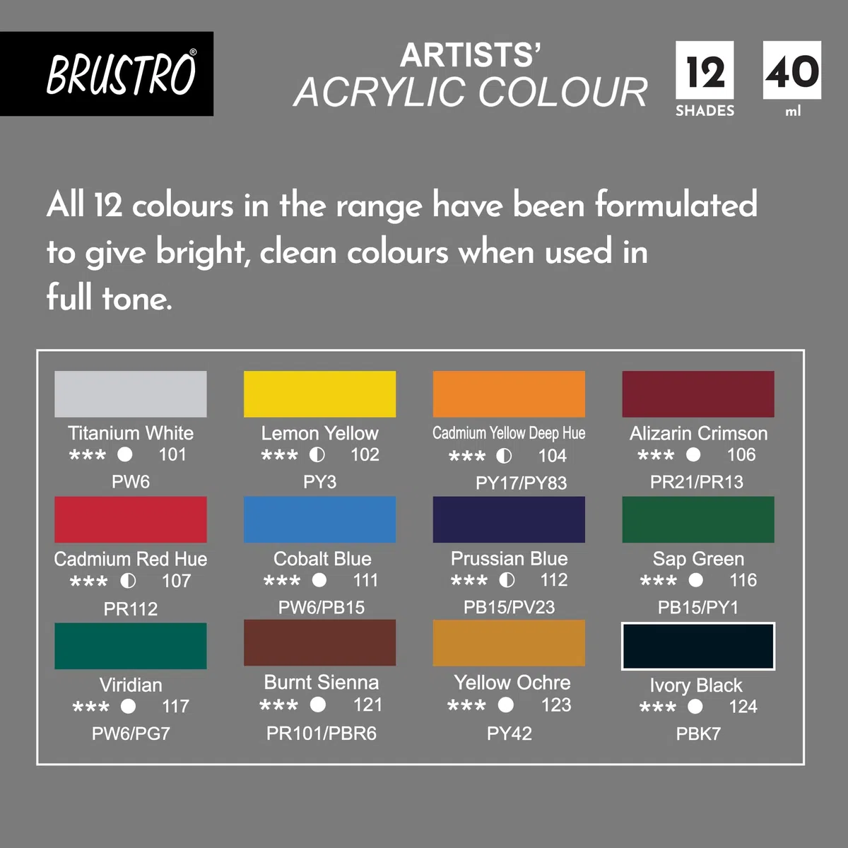 BRUSTRO Pintura acrílica de color para artistas, juego de 12 tubos de color de 40 ml, tonos vibrantes, cuerpo suave, a base de agua, no tóxica, mezclable, ideal para papel, lienzo, cartón, estudiantes