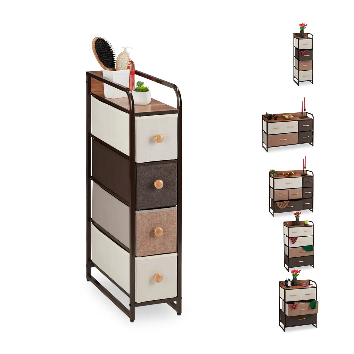 Relaxdays Mueble Modular, 4 Cajones deslizantes, Balda, Cestas Plegables, Cómoda de Tela, 84,5 x 20 x 49,5 cm, Marrón
