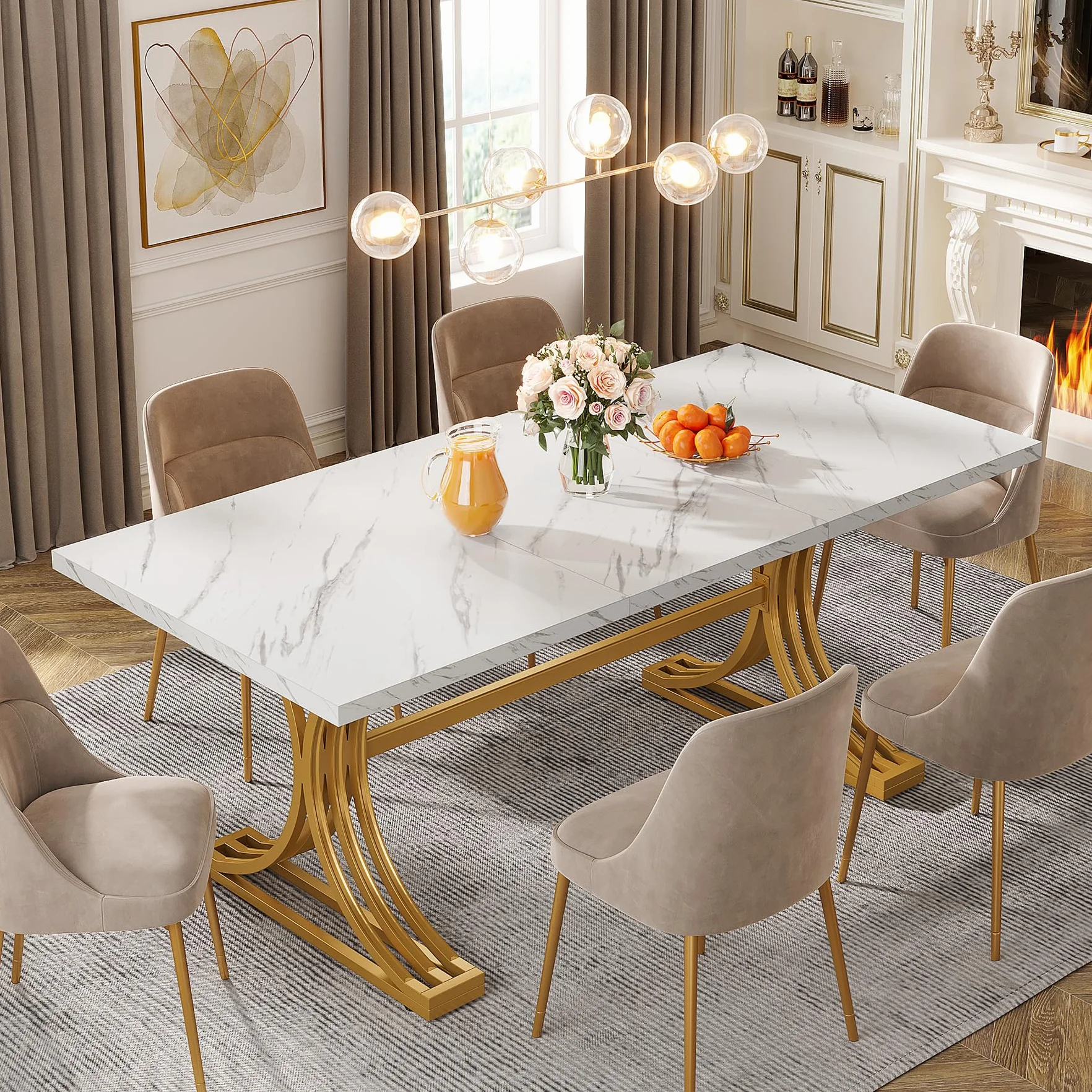 Tribesigns Mesa de comedor moderna de 160 x 80 cm para 4 – 6 personas, mesa de cocina con tablero de mármol sintético, marco de metal resistente, color blanco y dorado