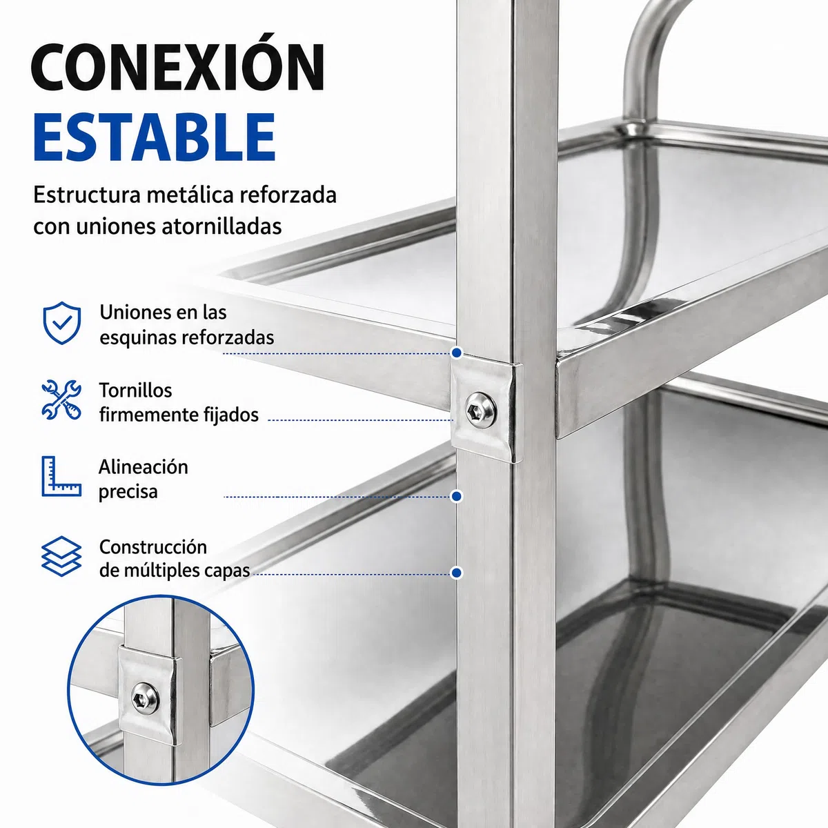 Carrito de Servicio Acero Inoxidable 3 Estantes, 4 Ruedas Giratorias (2 con Freno) (72x40x82 cm, 150 kg) – Carro de Cocina Multifuncional para Restaurante, Laboratorio, Hostelería