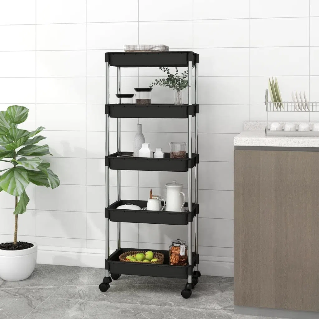 vidaXL Carrito de Cocina Carro de Servicio Doméstico Niños Garaje Estantes Almacenamiento Alimentos Bebidas 5 Niveles Hierro y ABS Negro 42x29x128 cm