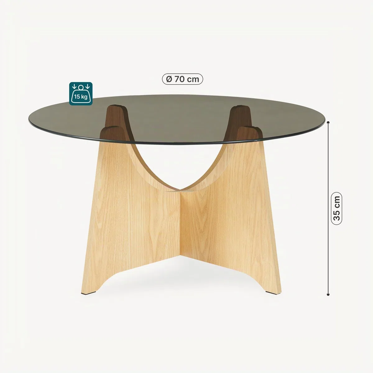 [en.casa] Mesa de Centro Omlar Redondo Vidrio Ahumado Ø70x35cm Roble y Gris