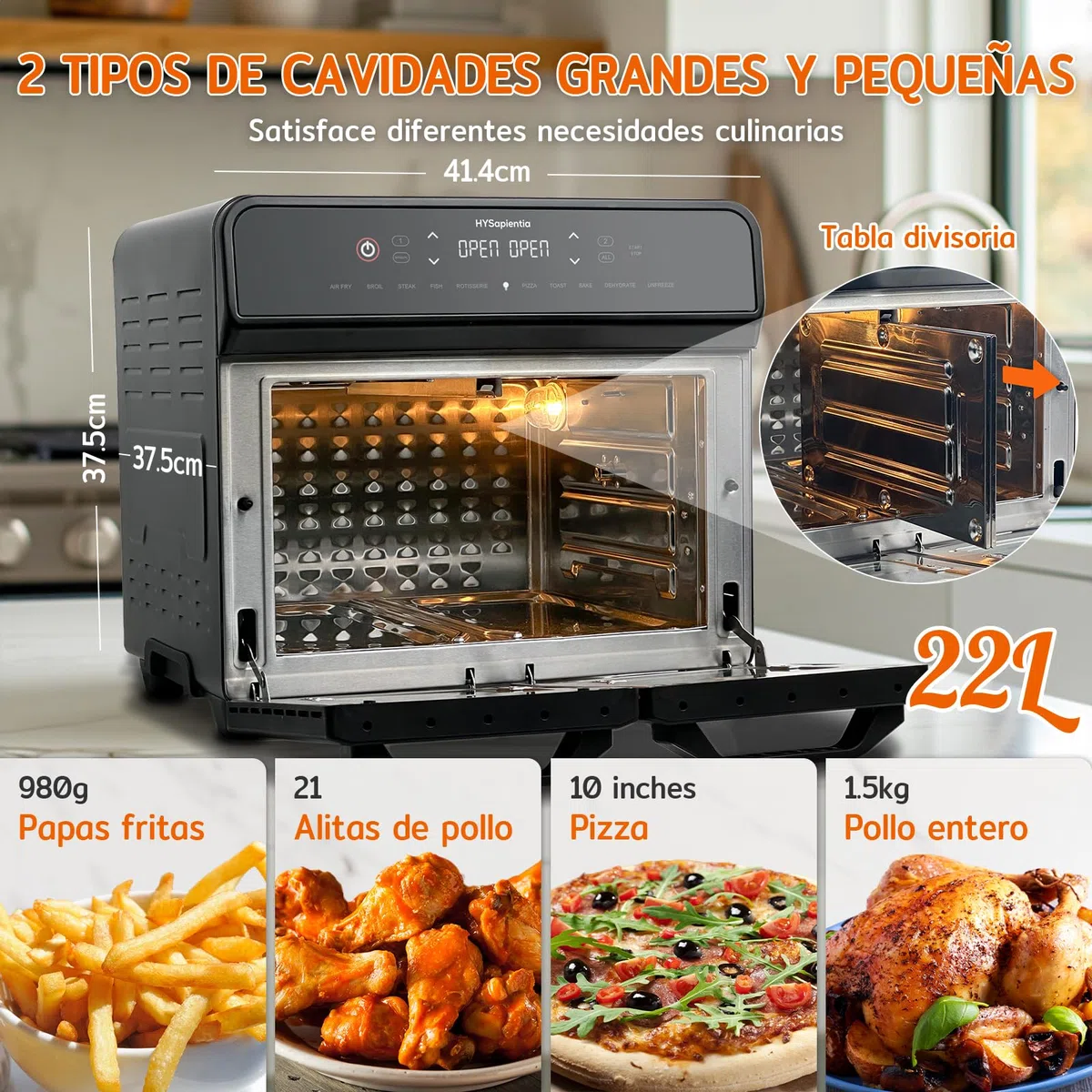 HYSapientia® 22L Freidora de Aire Caliente 2 Cámaras, Freidora sin Aceite con Pantalla Táctil LED, Dual Zone Air Fryer Oven con 10 Programas, Airfryer xxl, Acero Inoxidable, Fácil de limpiar