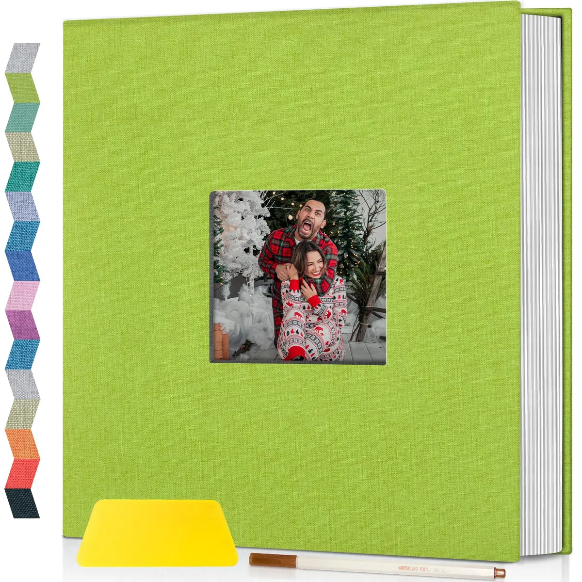 Popotop Álbum de fotos autoadhesivo con ventana de visualización de imágenes, 60 páginas, álbum de recortes para fotos de 4 x 6 a 10 x 12 pulgadas, libro de recuerdos con cubierta de lino para boda
