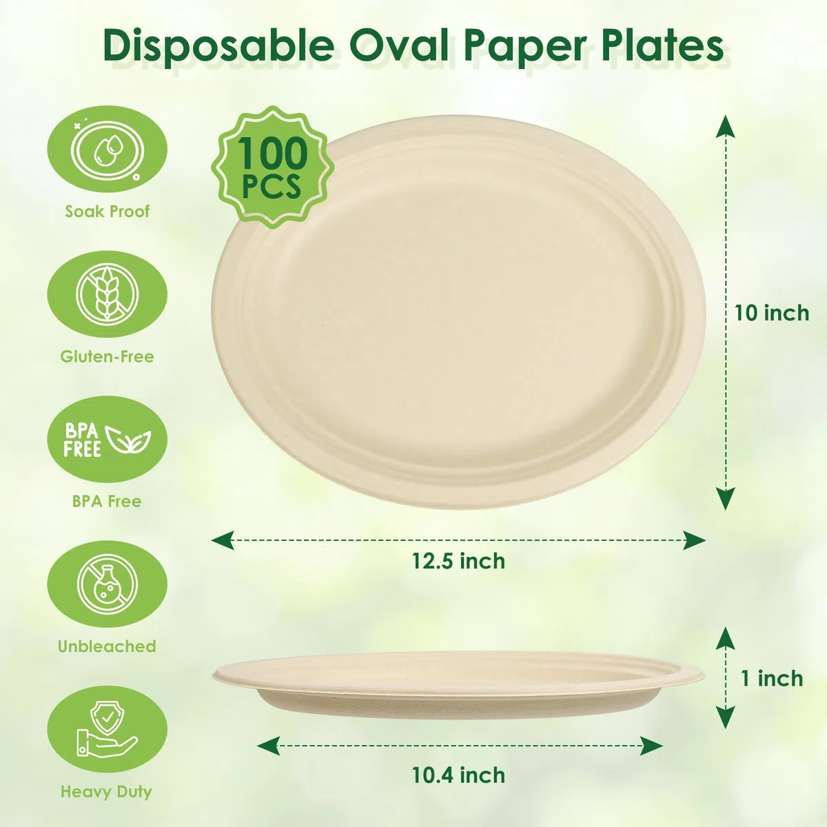 Platos de papel ovalados desechables, paquete de 100 platos de papel biodegradables de 12.5 pulgadas, platos de bagazo compostables resistentes y ecológicos para barbacoa, fiesta, picnic, color