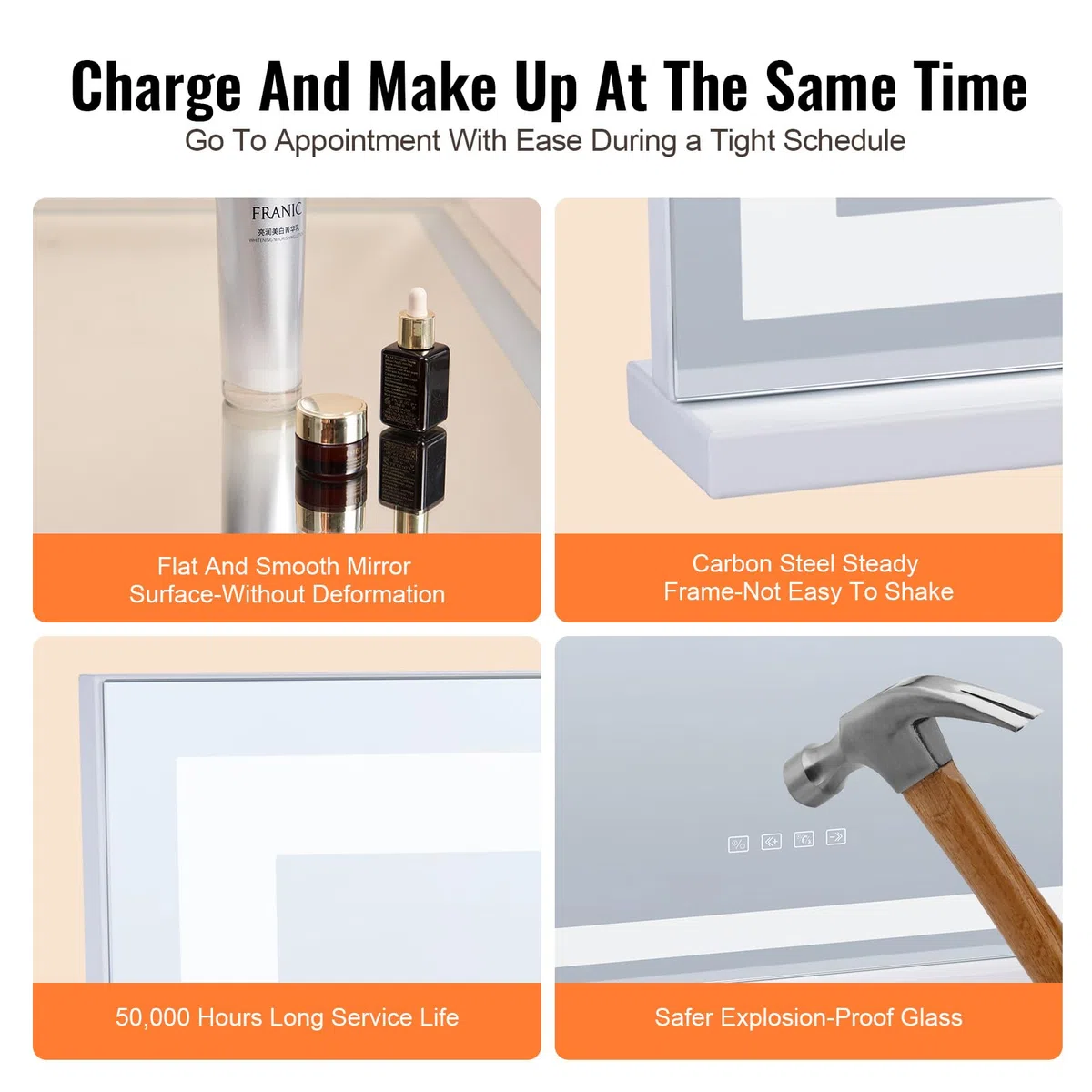VEVOR Gran Espejo de Maquillaje Iluminado con Tres Modos de Iluminación Color, LED Luces, Aumento de 5X, Bluetooth, USB, Control Táctil Inteligente, Montaje en Pared a Escritorio, 800 x 120 x 572 mm