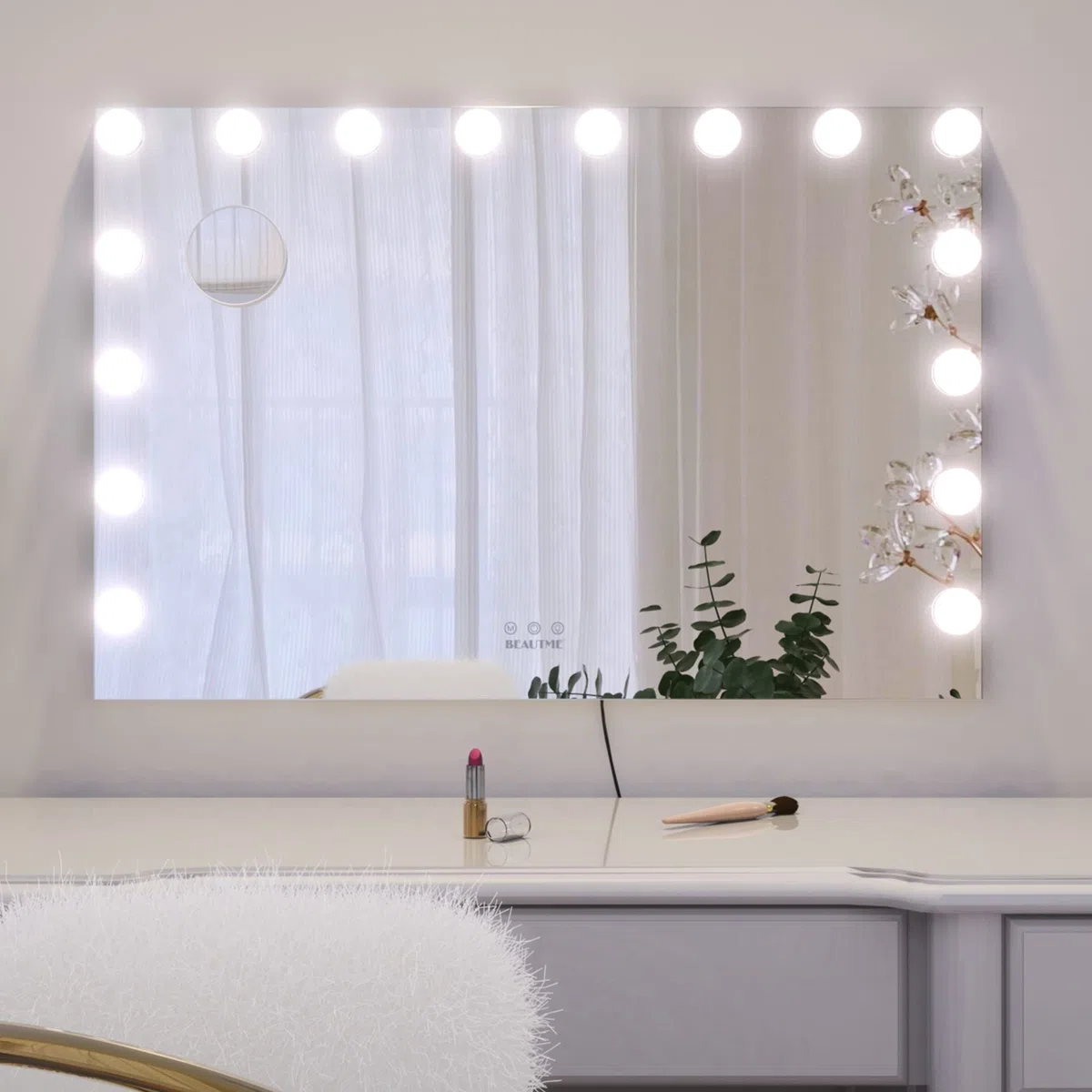 Espejo de tocador Grande con Luces, 91 x 61 cm, Espejo Iluminado Hollywood con Luce para Maquillaje, Luces Regulables con 3 ajustes de luz de Color, Plateado