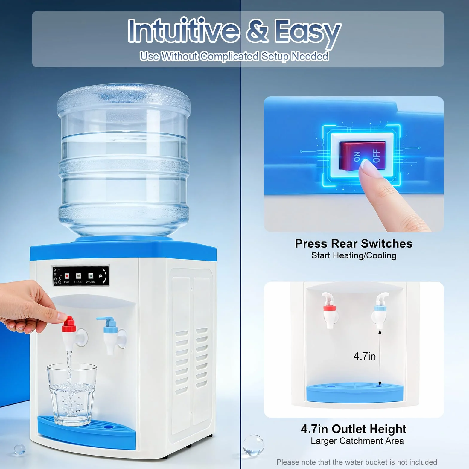 Dispensador de Agua Fria, 550W Dispensador de Agua, 25,5x23,5x33cm Water Dispenser de Sobremesa, Grifo de Presión y Luces Indicadoras, para Botellas 4.5-18.9L, Para Oficina, Cocina o Dormitorio