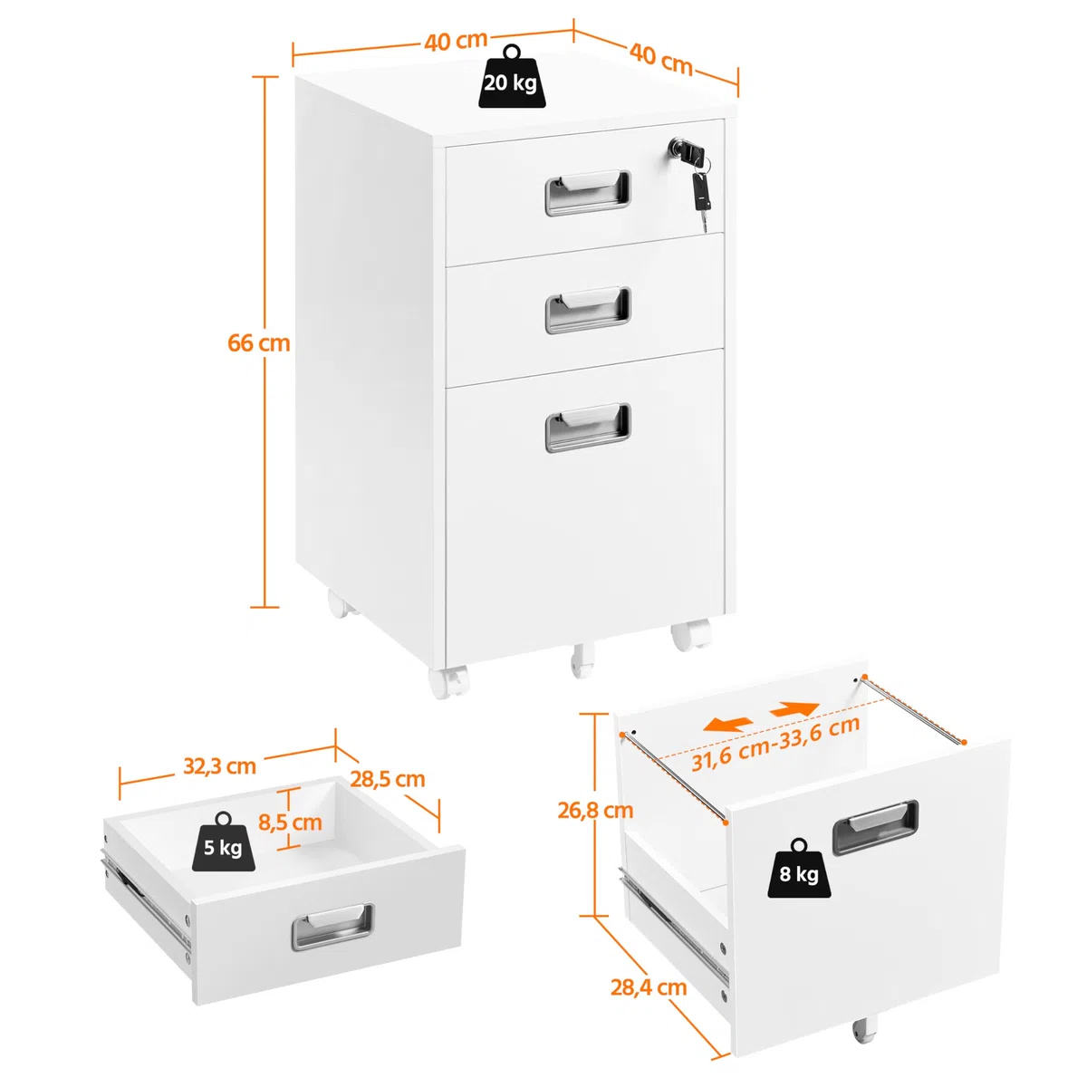 Yaheetech Cajonera de Oficina con Ruedas Gabinete de Oficina con 3 Cajones y Cerradura 40x40x66,5cm Armario Archivador Carpeta de Gran Capacidad para Carta y Archivos A4 Blanco