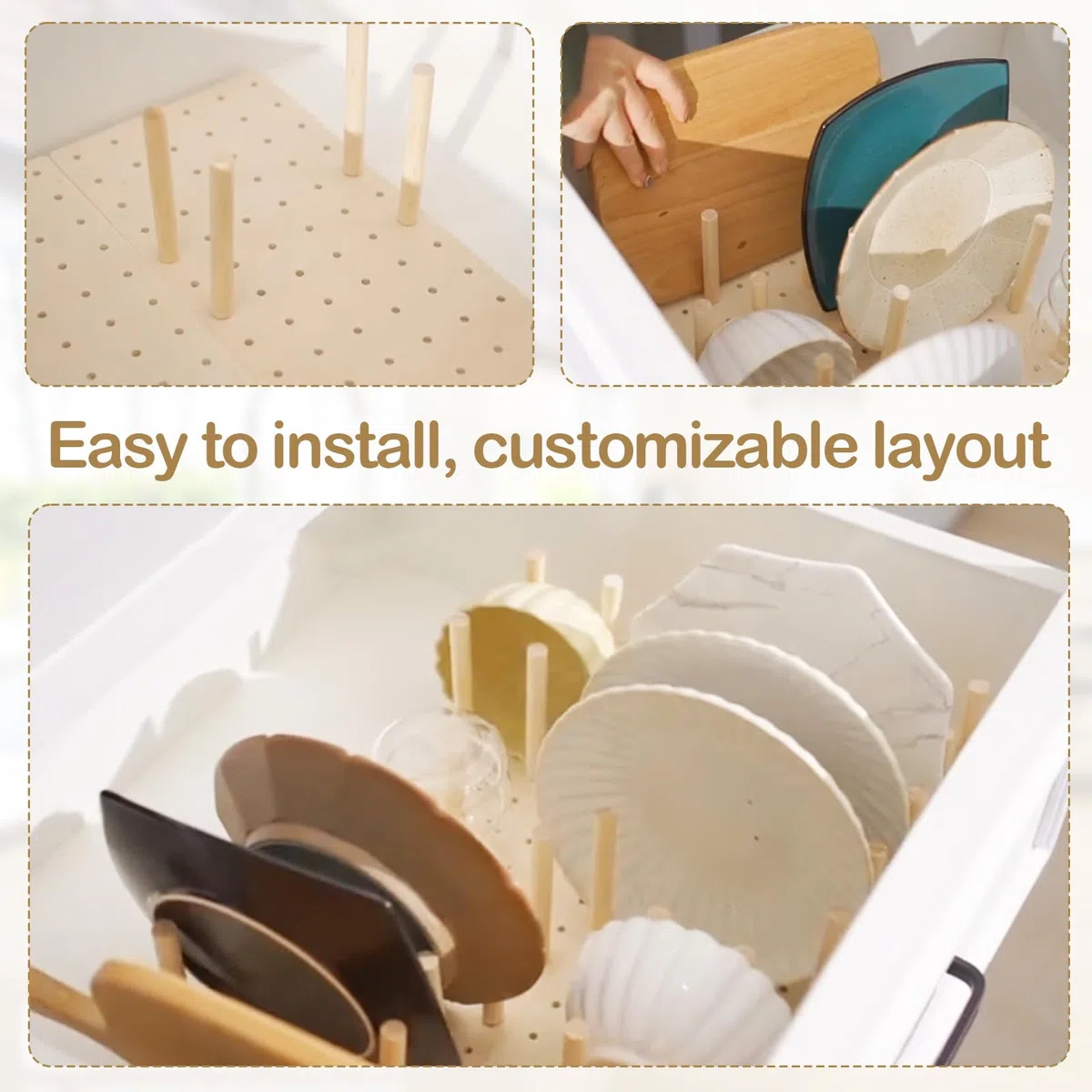 Organizador de Cajones Perforados, Sistema de Clavijas Madera de 4 Piezas con 32 Palos Madera, Bandeja Organizadora de Platos Ajustable
