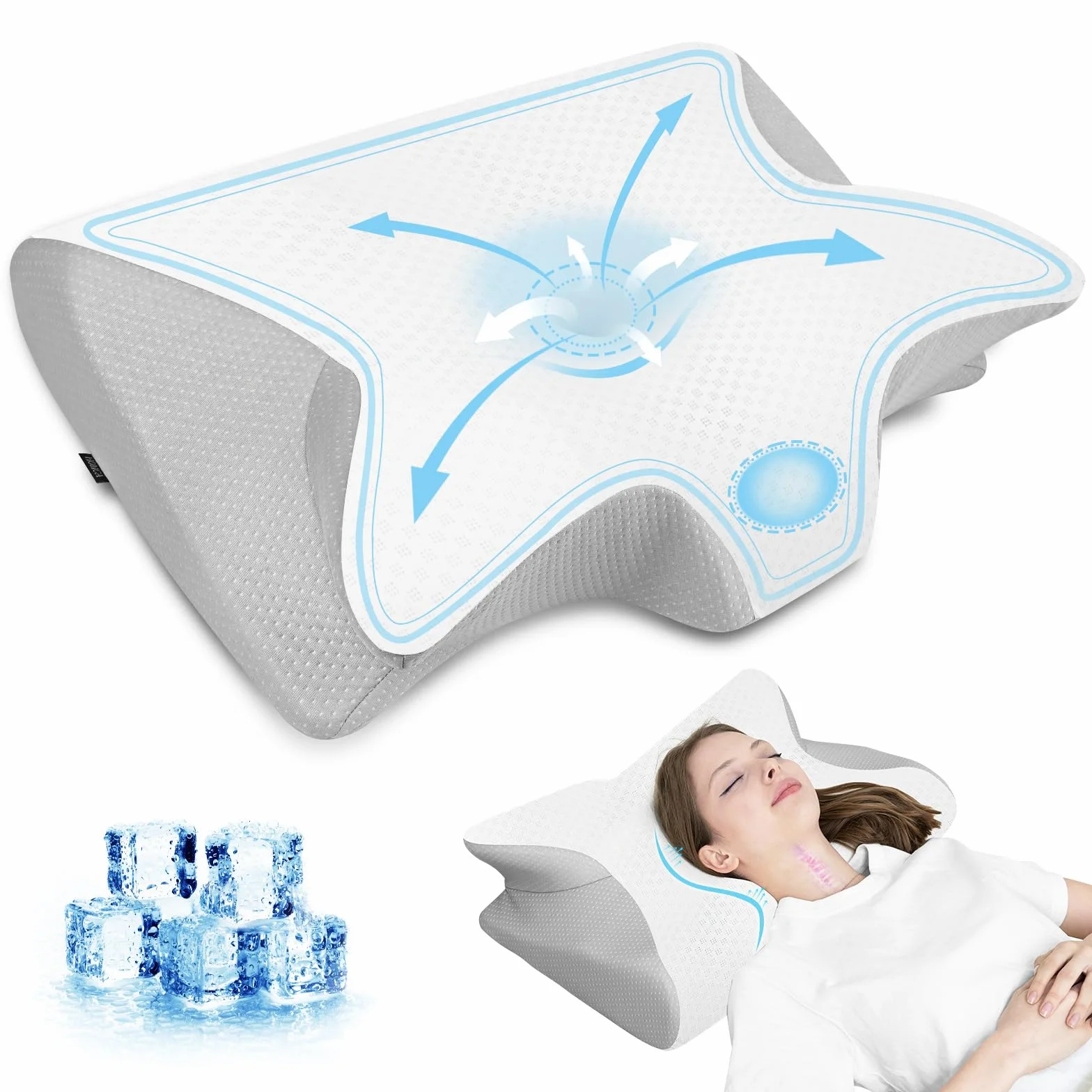 HOMCA Almohada Cervical, 2 en 1 Almohada Ergonómico Espuma de Memoria Almohada Ortopedica con Funda Refrescante para Soporte de Cabeza/Cuello/Hombro, Relajación y Alivio del Estrés
