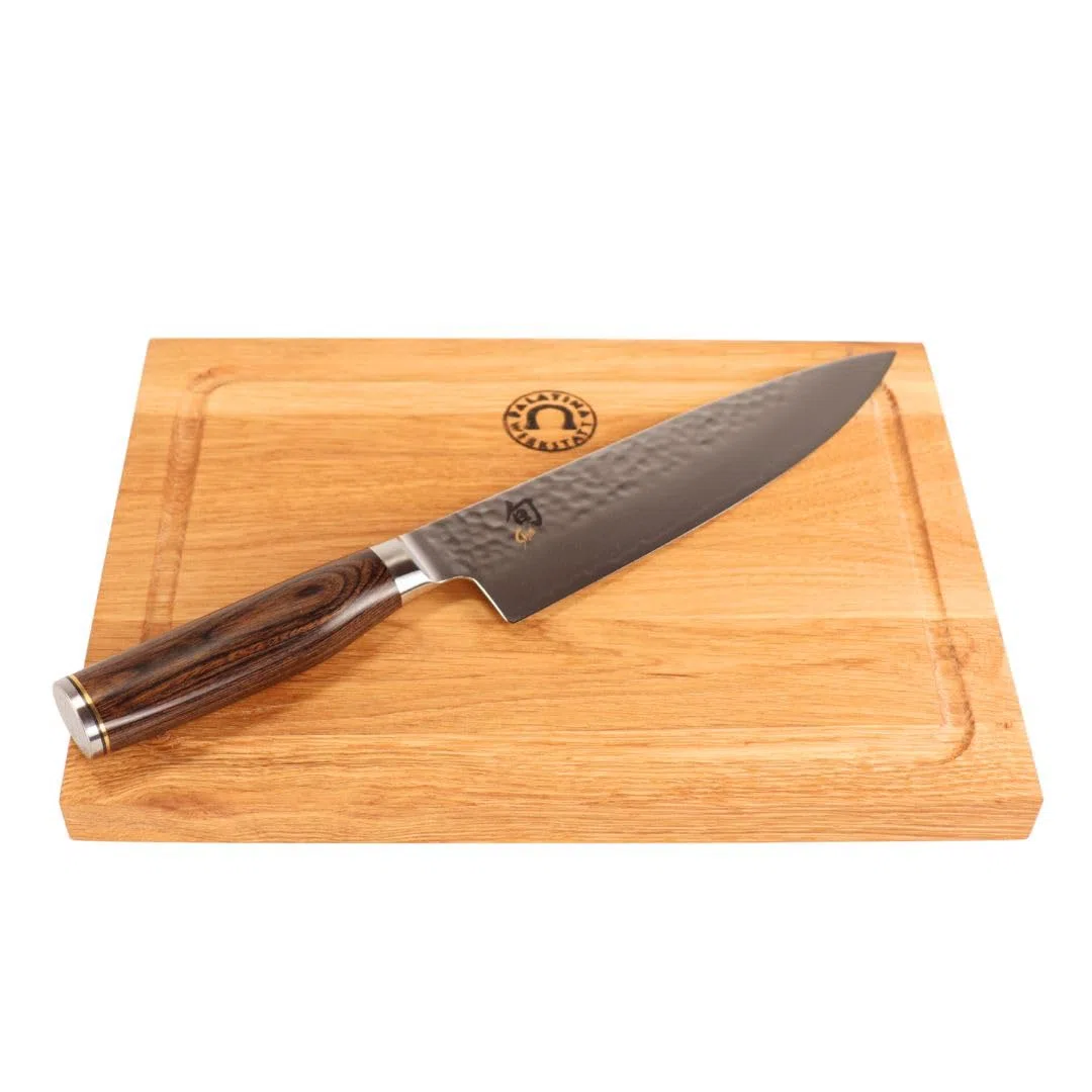 KAI Shun – Cuchillo de chef Tim Mälzer Premier TDM 1706 – Cuchillo japonés ultraafilado + tabla de cortar 100% hecha a mano única, 30 x 22 cm