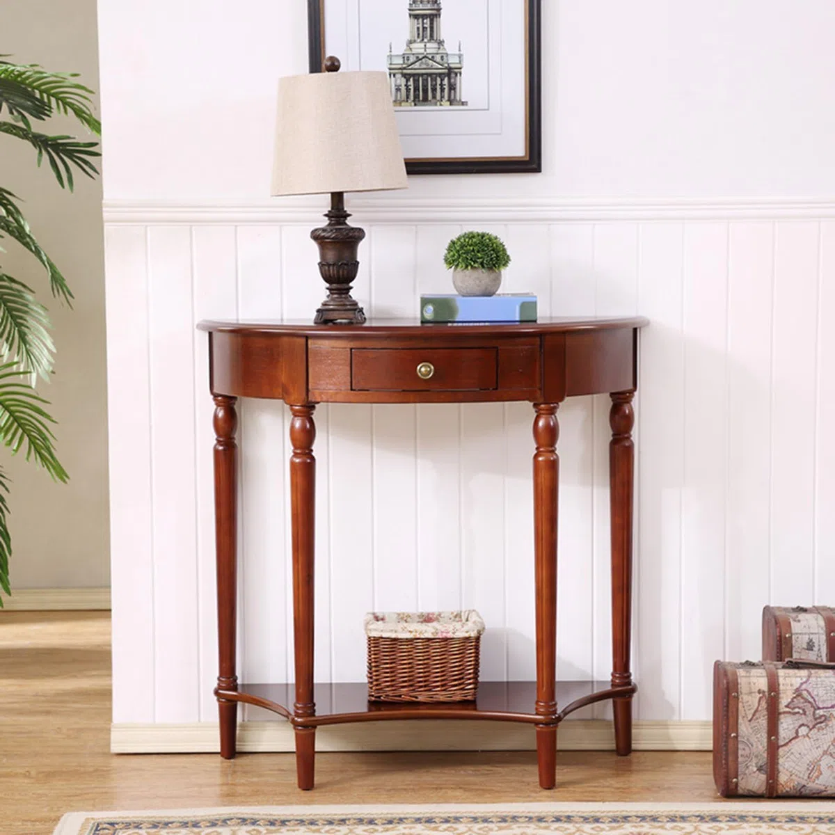 Mesa Consola de Media Luna de Madera Maciza con Cajones y Estantes, Mesa Auxiliar de Entrada de Dos Niveles En Forma de Semicírculo, Elegante Mesa de Sofá Vintage (veta De Madera De Cerezo)(800x350x80