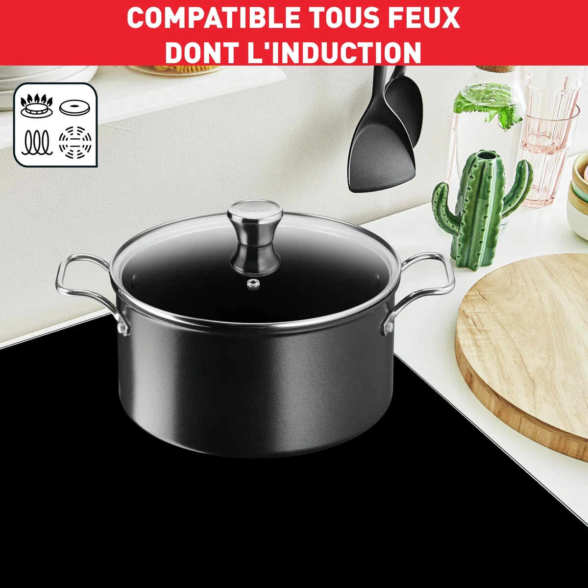 Tefal – Juego de 6 piezas, Sartenes y Ollas, Inducción, Antiadherente, Mango Resistente, Indicador Térmico Thermo-Signal, Intensium E589S617