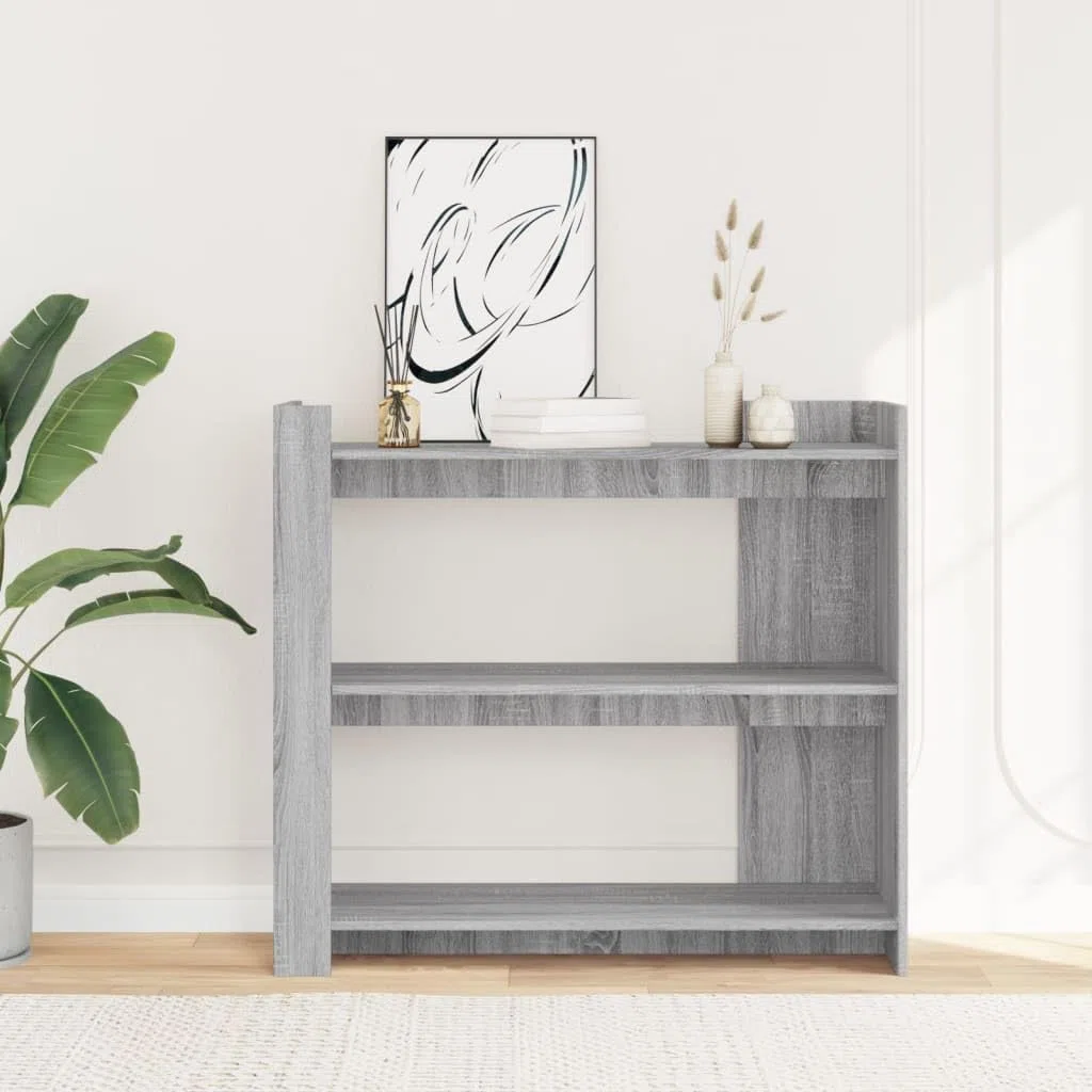 Mesa de consola clásica de madera gris Sonoma para el apartamento como mesa de pasillo con espacio de almacenamiento para fotos y plantas, dimensiones 100 x 35 x 90 cm