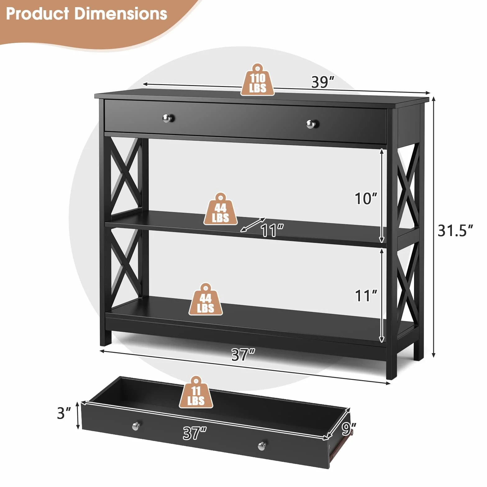GIANTEX Mesa de Consola de 3 Niveles con Cajón y 2 Estantes Abiertos, Mesa de Entrada con Kit Antivuelco, 100 x 30 x 80 cm, Estantería de Almacenamiento para Salón, Pasillo (Negro)