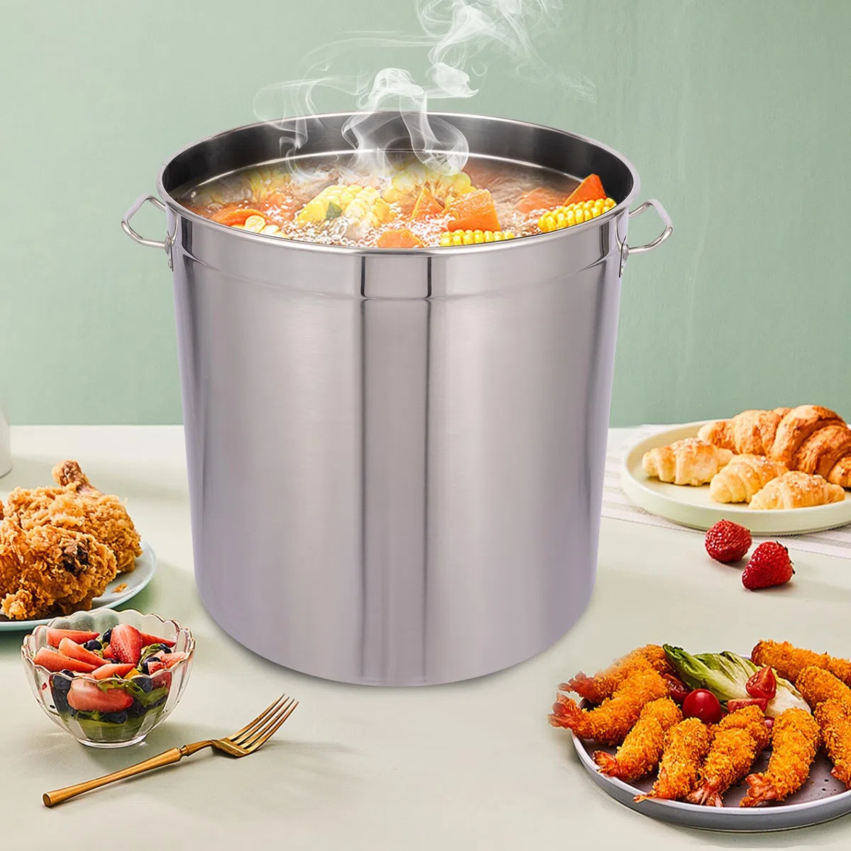 Olla de acero inoxidable 50/70/90L, sopera plateada con tapa, adecuada para cocinar, asar y mantener caliente en cocinas de gas y de inducción