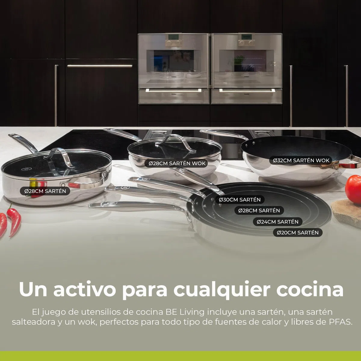 Be Living Sartén wok de acero inoxidable – Ø 28 cm – cerámica – inducción – sin PFAS, antiadherente – sartén con tapa – serie Essential