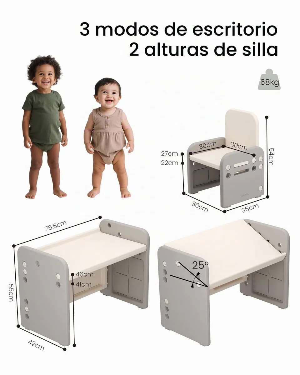 Mesa y Silla para Niños, Mesa de Actividades con Superficie Inclinada para Dibujar, Leer, Escribir y Jugar(Gris)