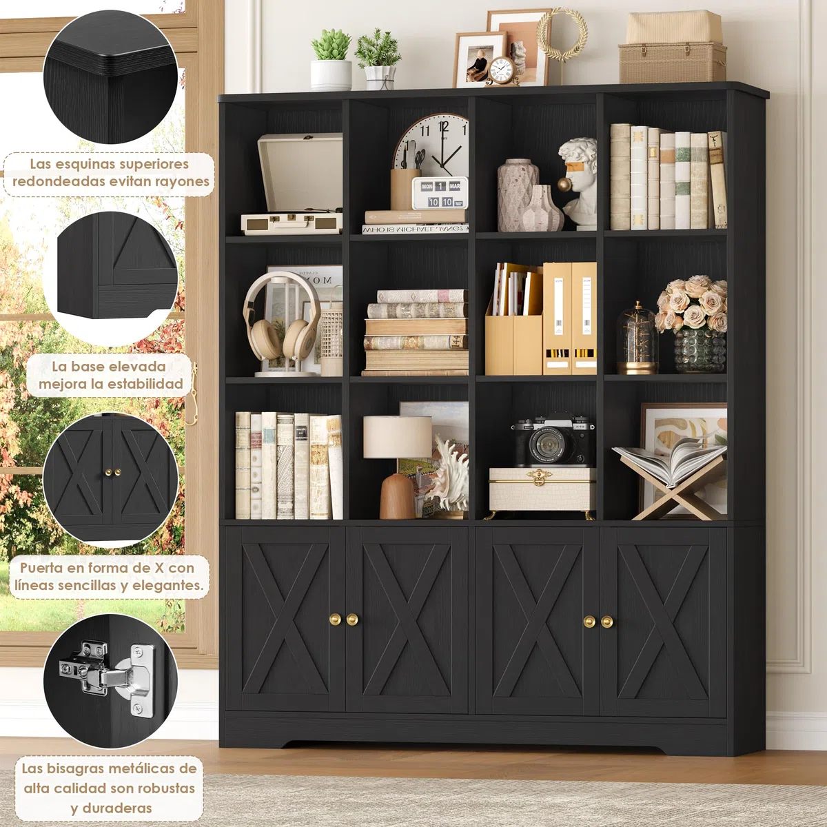 FirFurd 145cm Librería con 4 Puertas y 12 Compartimientos, Librería Salón | Estantería con Puertas, Estantería Libros, Estanterías Almacenaje, para Salón Estudio Oficina Dormitorio Negro 121x30x145cm