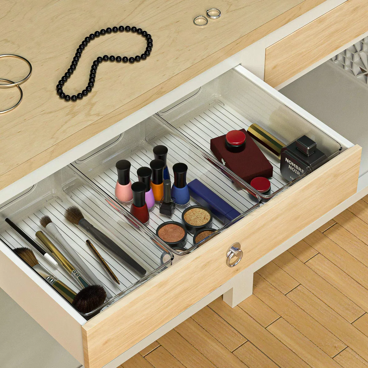 Finew Juego de 4 Cajas de Almacenaje de Refrigerador Apilables, Organizadores Transparentes Plásticos Apilables de Nevera, para Cocina Despensa Gabinete Baño Armario Cajón - 2 Grandes / 2 Medianos