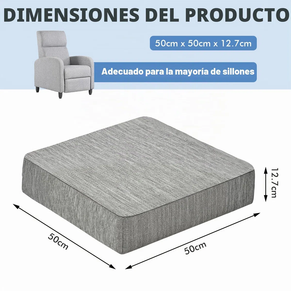 LIROPAU Juego de 2 cojines de asiento para silla, cojines de espuma viscoelástica de doble capa, cojín elevador, cojín grueso para tumbonas, sofás, sillones, extraíbles, 50 x 50 x 12,7 cm, gris