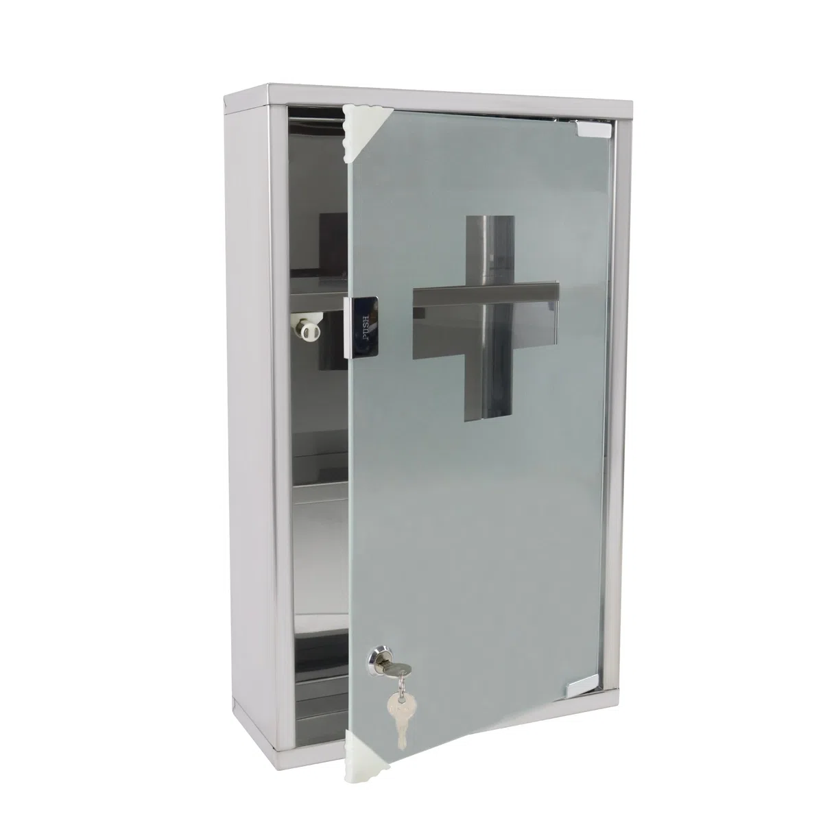 NAIZY Armario Médico de Farmacia de Acero Inoxidable con Puerta de Cristal Opaco y 2 Llaves 30x12x30 cm (3 Compartimentos)