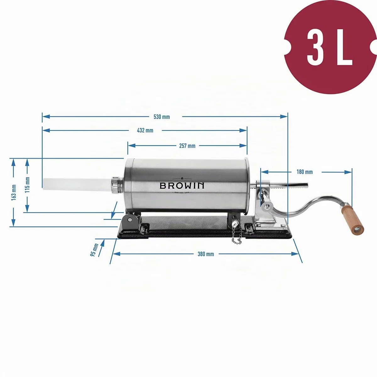 Browin 311003 Embutidora horizontal de salchichas 3 kg, Embutidora manual para salchichas, menudos, Máquina de picar carne, acero inoxidable