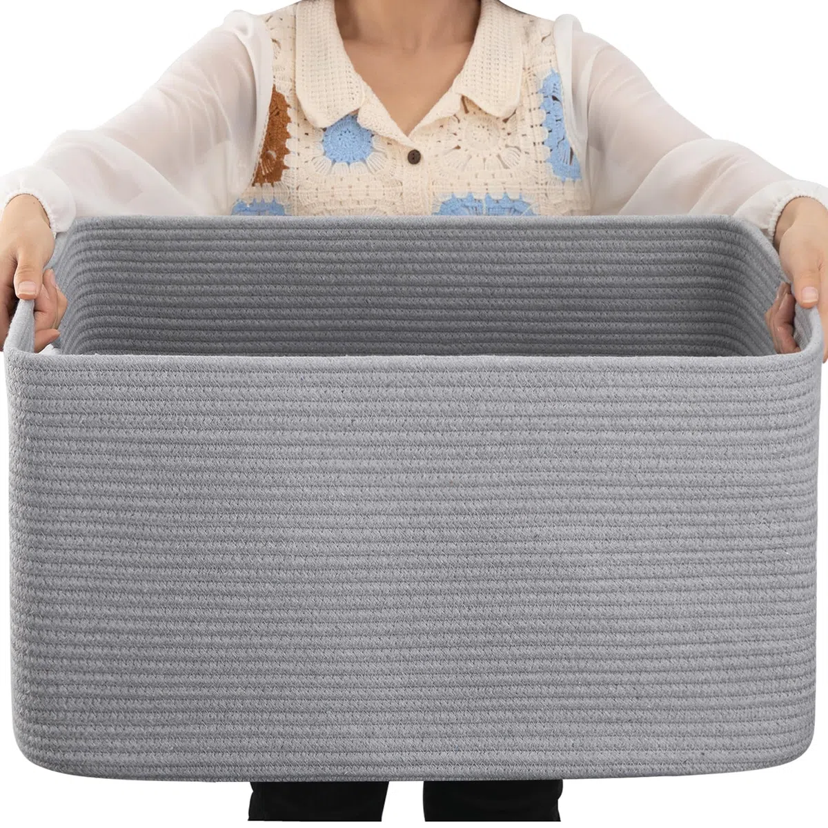 OIAHOMY Cesta grande con asa para almacenamiento de mantas, tejida con cuerda de algodón, 75 litros, 55,88 x 43,18 x 30,48 cm, para sala de estar, para juguetes, habitación infantil, gris