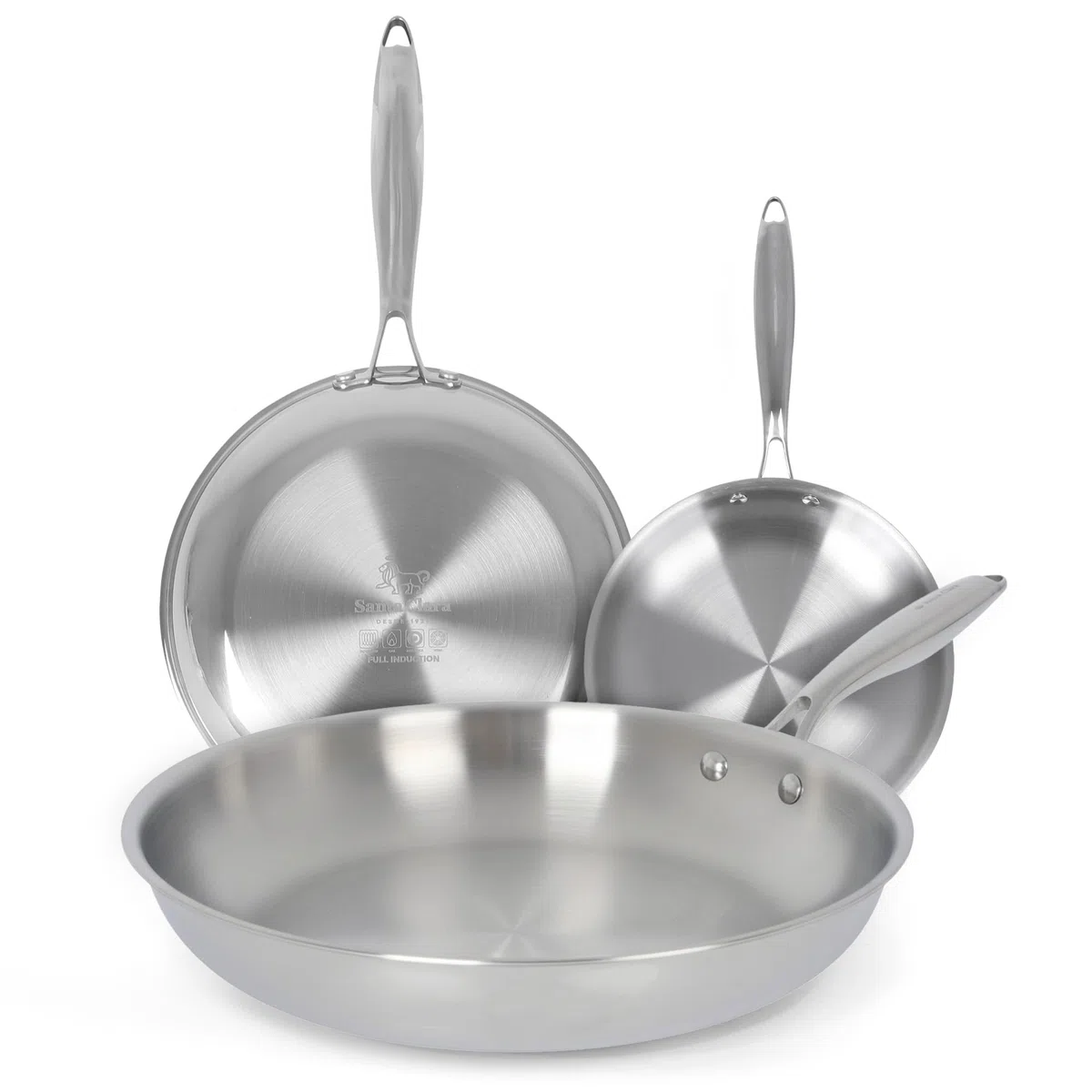 Santa Clara | Juego de Sartenes Acero Inoxidable 18/10 Trifusión 20-26-30 cm, Set de 3 Piezas Sin Revestimiento, Apta para Inducción, Horno, Gas y Vitro, Cocina Saludable y Libre de Tóxicos